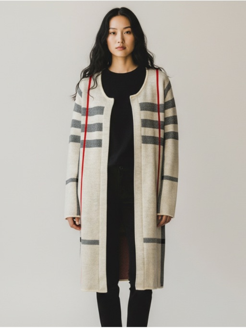 Long Open-Front Cream Knit Cardigan Stripes Red Accents Sz S/M Preppy Classic